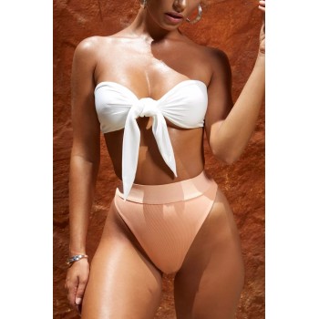 New Arrival Summer Sexy Solid Bikini Set Padded Bra Lace Up Bow Bandeau Bikini High Waist Triangle Swimsuit Beach Bathing Suits
